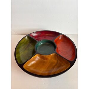Wooden Divided Serving Platter Appetizer Condiment Dish Round Multi Color